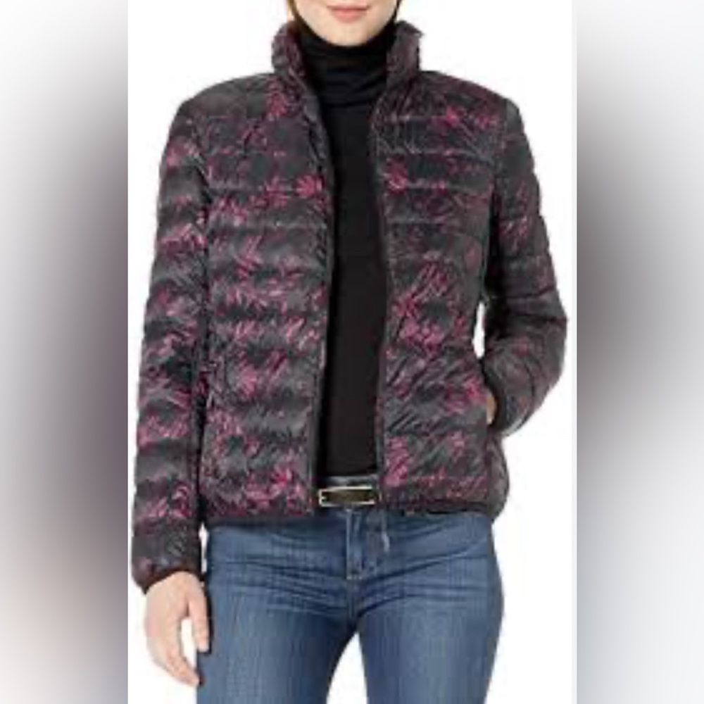 Tumi Black Puffer Jacket with Pink Print